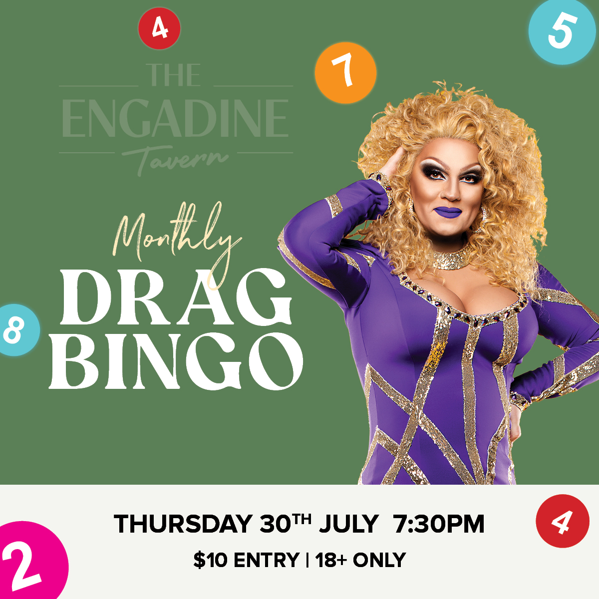 July Drag Bingo 2026 - Social Tile - Engadine Tavern
