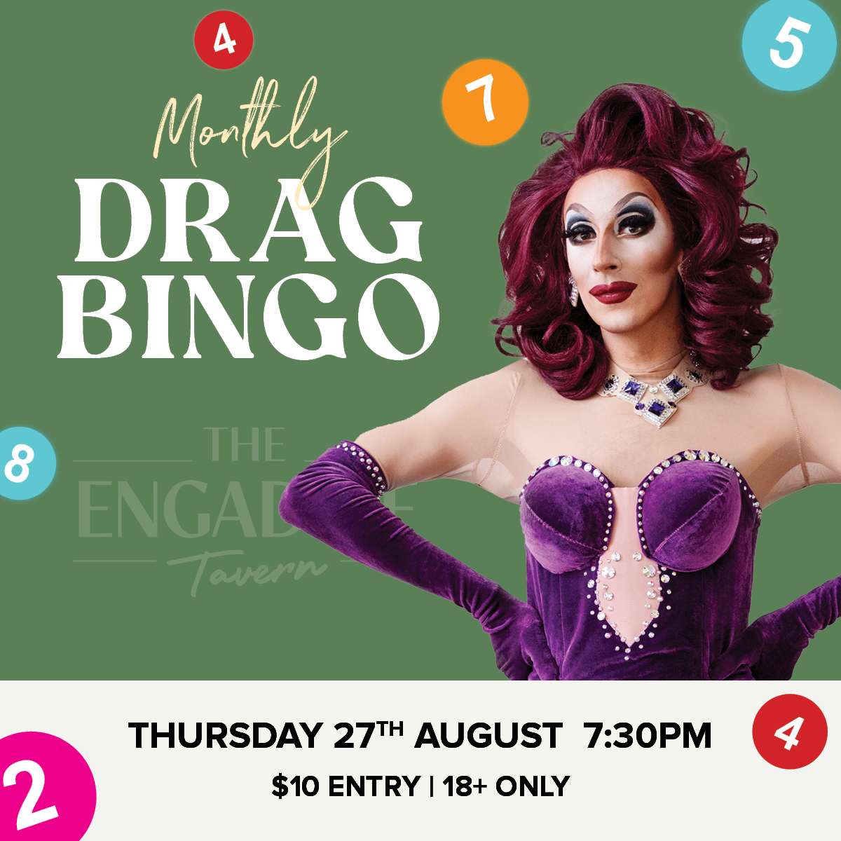August Drag Bingo 2026 - Social Tile - Engadine Tavern